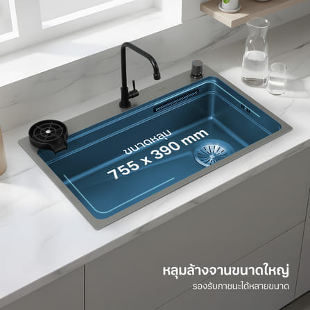 ซิงค์ล้างจานม่านน้ำตก 1 หลุม EVE UNITY 800/490+ ขนาด 80 ซม. สีเทาไทเทเนียม_4